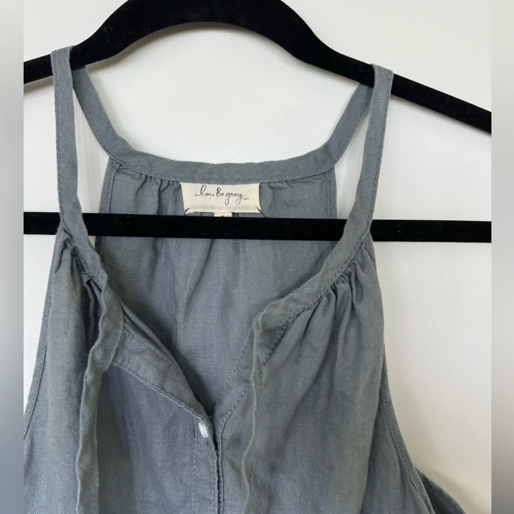 Lou & Grey Dusty Blue Gray Romper Tie Neck Button Up 100% linen Drawstring Sz S